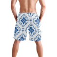 thumbnail image 3 of Dailycode Men's Quick Dry Swim Trunks Beach Shorts Casual Summer Board Shorts with Pockets, Indigo Damask Wallpaper Design, 3 of 8