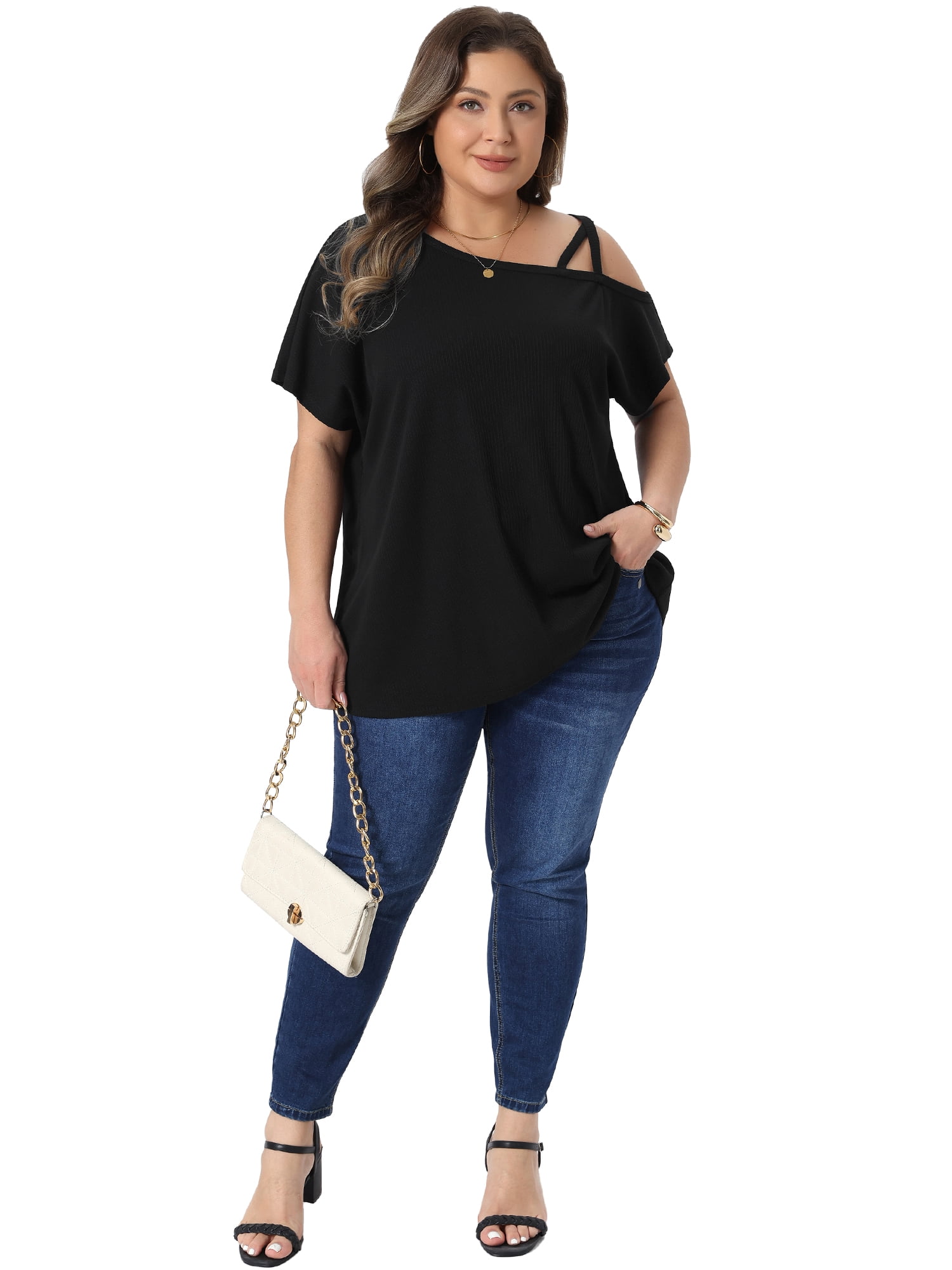 DARING DIVA Women's Plus Criss Cross Off One Shoulder T-Shirts 3X Black