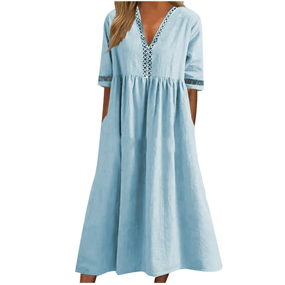 Wycnly Dresses for Women 2024 Summer Casual Hollow out Trim Plus Size Loose Pleated Swing Tunic Dresses Solid Elbow-Length V-Neck Long Formal Dresses for Women Sky Blue XL