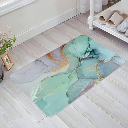 

Marble Sponge Doormat Indoor Bathroom Mat Absorb Water Non Slip Washable Mud Dirt Trapper Mats Rugs for Entranceinch Abstract Artistic Watercolor Teal Gold 20x32 Inch