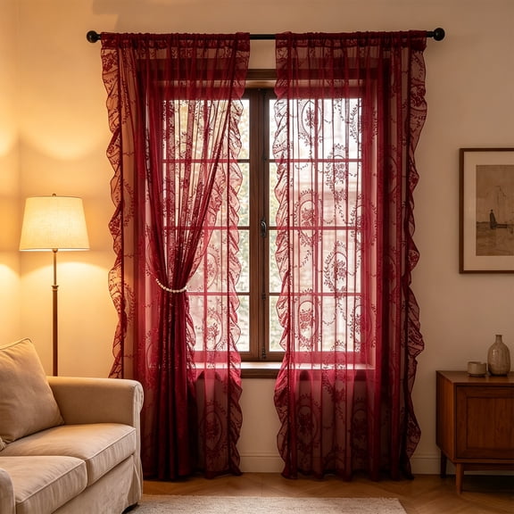 Floral Lace Sheer Curtain Panel, 55.12 x 62.99-Inch Rod Pocket Window Drapery for Bedroom and Living Room, Red
