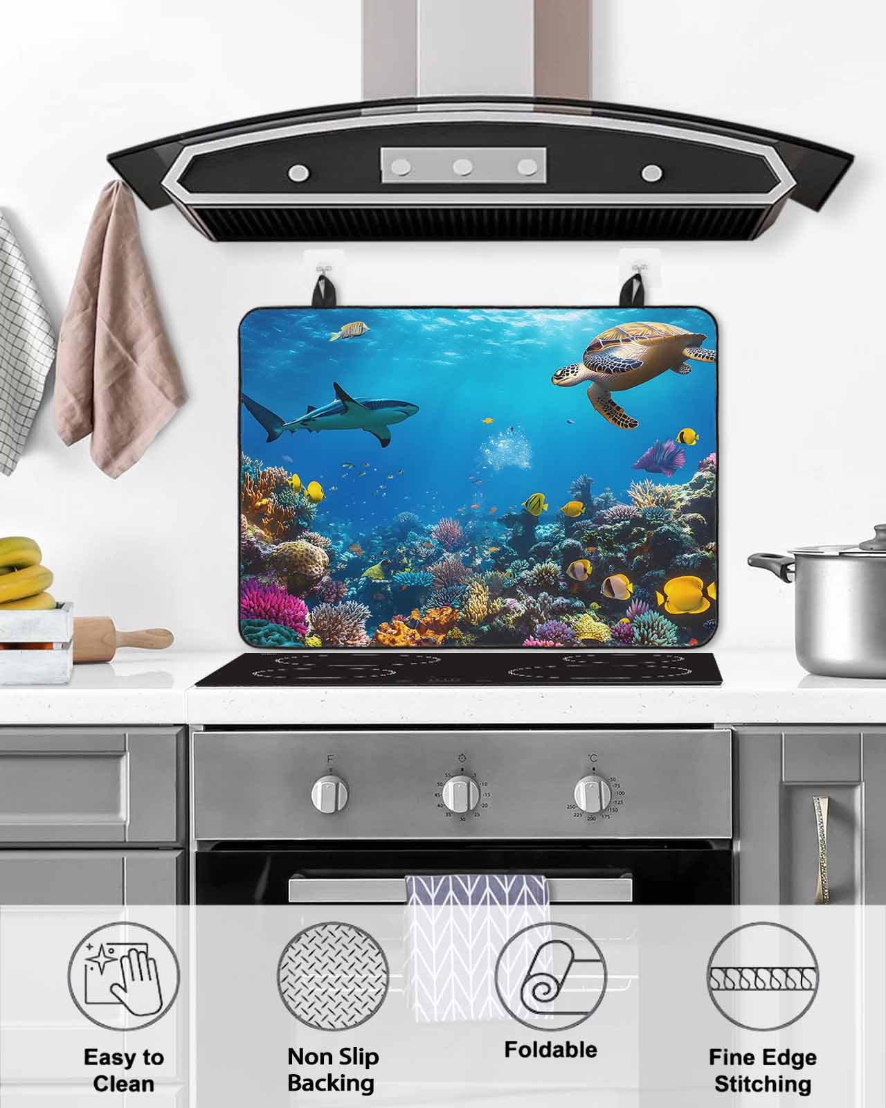 nqOlkjepod Large Induction Cooktop Protector Mat 36"x21", Turtle Stove Top Covers for Electric Stove, Blue Ocean Sea Shark Coral Cartoon Fish Summer Stove Burner Cover Mats, Glass Top Stove Cover
