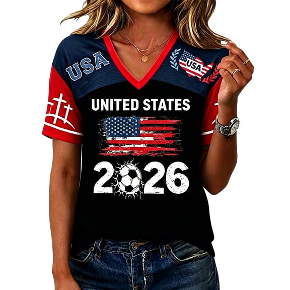 Women's Soccer Fan Graphic T-Shirt 2026, V Neck Short Sleeve Patriotic Sports Tee, Casual Game Day Top L