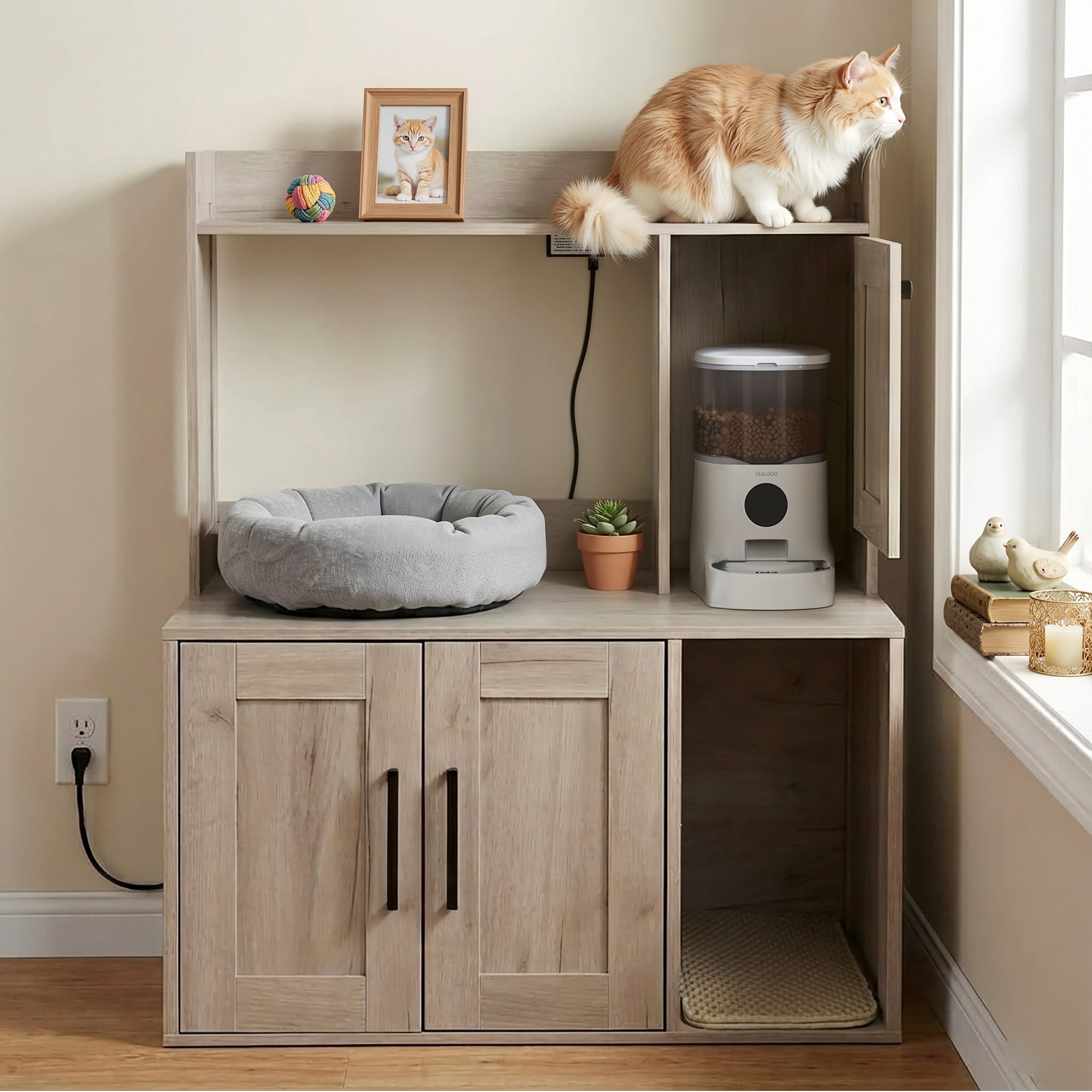 Whifea Hidden Cat Litter Box Enclosure Cabinet with Power Strip, Shelves & Storage, Pet Feeding Station Furniture