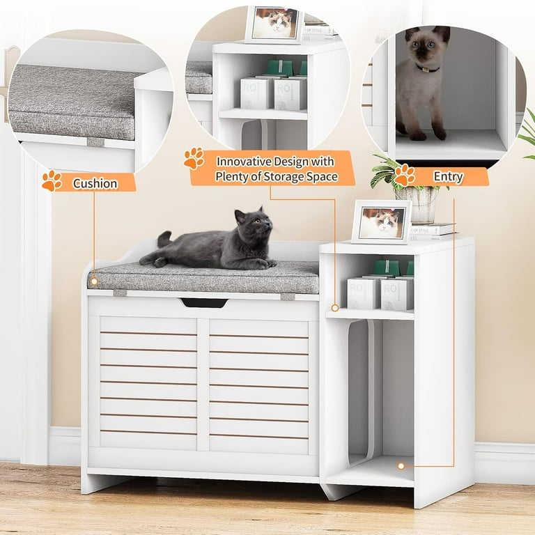 PTESITE Cat Litter Box Enclosure Furniture - Hidden Litter Box Bench With Removable Cushion, Flip Door, White