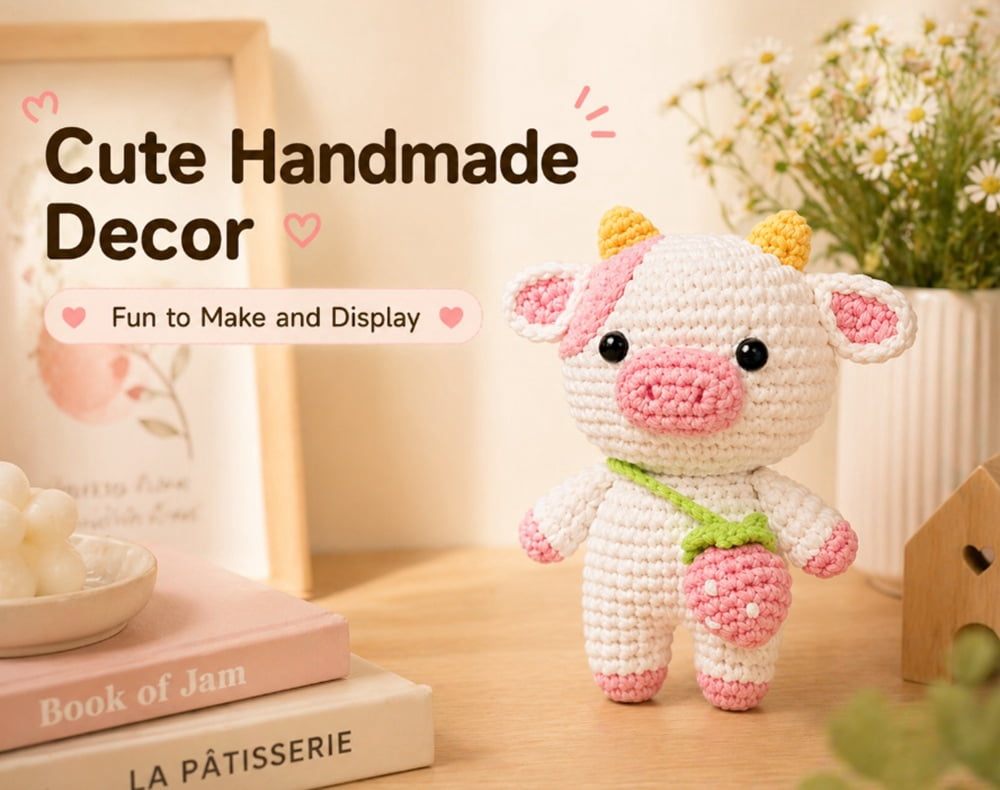 Strawberry Pig Crochet Kit for Beginners, Pig Amigurumi Starter Set with Step by Step Video Tutorials, TIKA