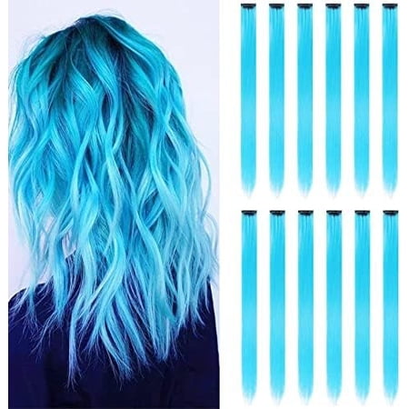 12 count Colored Sky Blue Hair Extensions Party Highlights Colorful Clip in Hair Extensions 22 Inch Straight Synthetic Hairpieces for Women Girls Halloween Christmas (Sky Blue)
