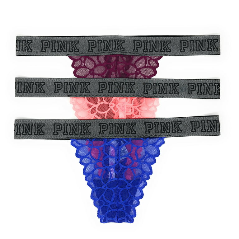 Victoria's Secret PINK Thong Panty Set of 3 - Lace Teal Logos / Black /  Violet Logos / Medium