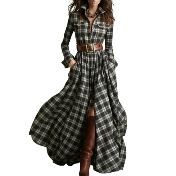 Fgvctg Plaid Maxi Dresses for Women Button Down Long Sleeve Plaid Shirt Dresses a Line Vintage Collared Dress Winter Loose Lapel Long Dress with Pockets Black 2XL