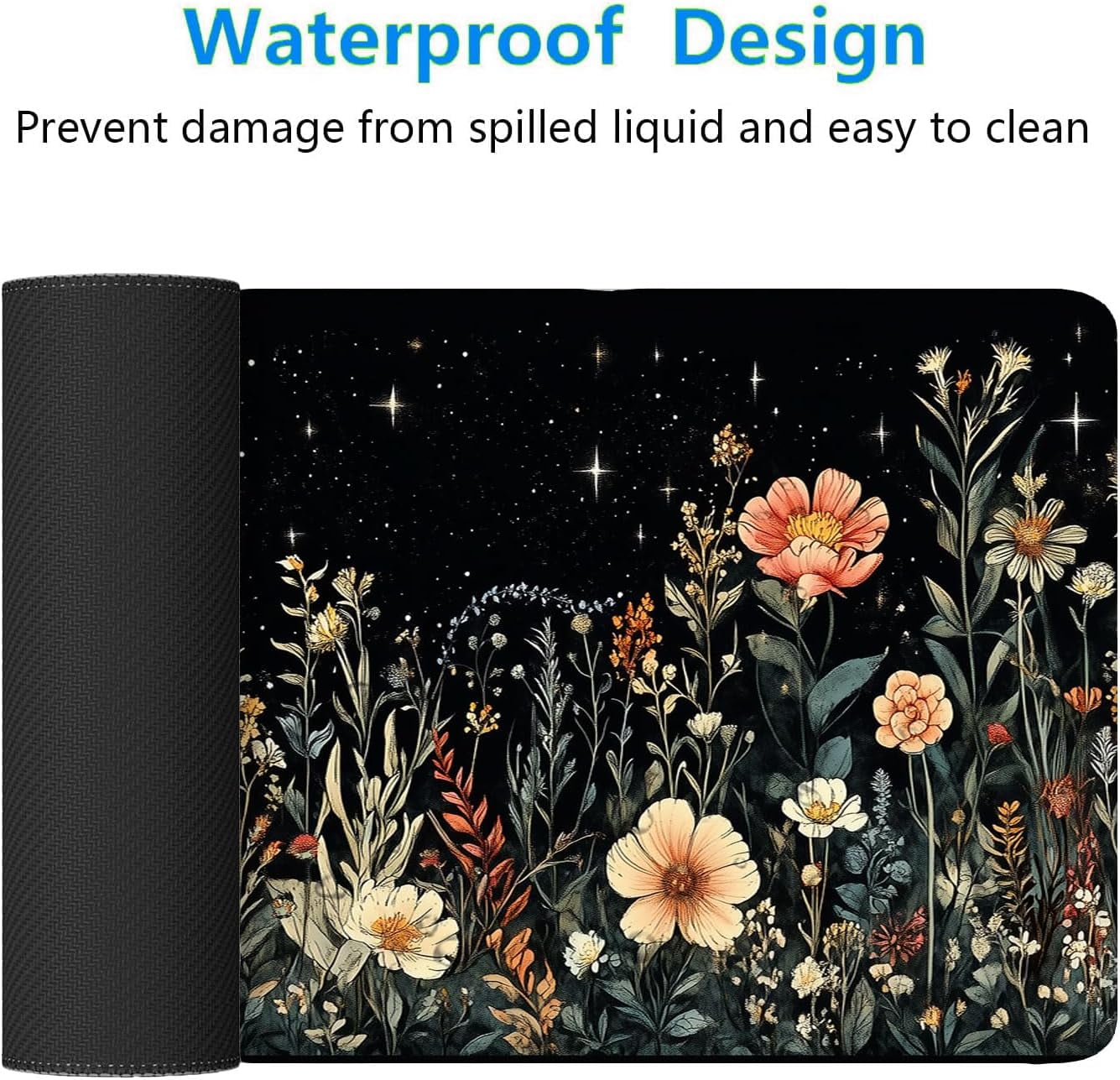 Cute Mystical Plants Desk Pad Whimsical Moon Stars Extended Gaming Mouse Mat with Stitched Edge Non-Slip Base - Big Office Computer Keyboard Laptop Home - 31.5"x11.8"