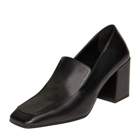 YDN Women Classic Chunky Block Mid Heel Pumps Square Closed Toe Loafers Slip On Daily Walking Dressy Ladies Shoes Size 4 Black