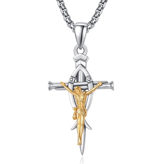 TANGPOET Nail Cross Crucifix Pendant Necklace for Men, Sturdy Box Chain Classic Statement Wearable Jewelry
