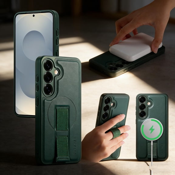 for Samsung Galaxy S26 Magnetic Phone Case with Wristband, Magnetic Case [Support Wireless Charging] PU Leather Hard PC Slim Shockproof Protective Cover for Samsung Galaxy S26, Green