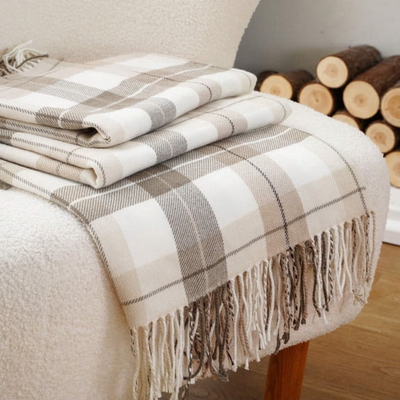 Battilo Plaid Throw Blanket for Couch,Lightweight Outdoor Beige Throws,Buffalo Plaid Blanket,50"x60"