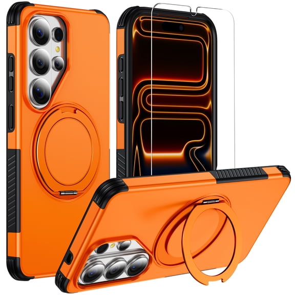 Dteck Magnetic Case with Tempered Glass Screen Protector for Samsung Galaxy S26 Ultra, Shockproof TPU PC Compatible with Mag Safe Case with 360° Rotating Ring Kickstand Cover, Orange
