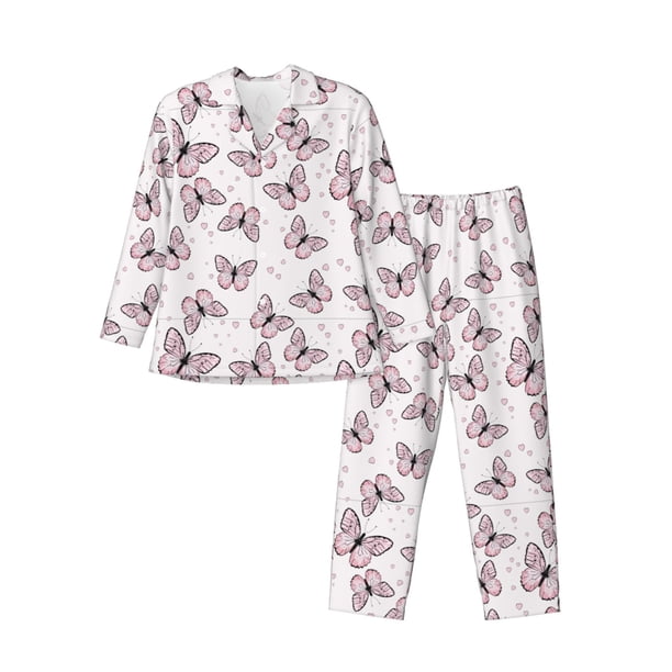 Fotbe Pink Butterflies (2) Pijama de Hombre con Estampado de Manga Larga, Conjunto de 2 Piezas, Ropa de Dormir Suave y Cómoda con Bolsillos-Medium