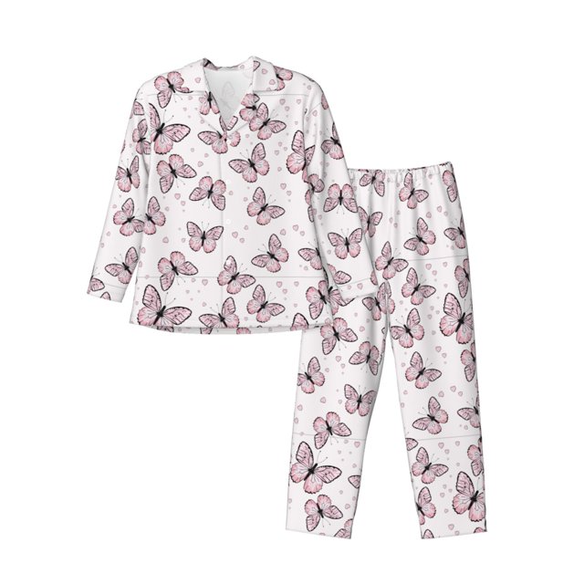 Fotbe Pink Butterflies (2) Pijama de Hombre con Estampado de Manga Larga, Conjunto de 2 Piezas, Ropa de Dormir Suave y Cómoda con Bolsillos-Large