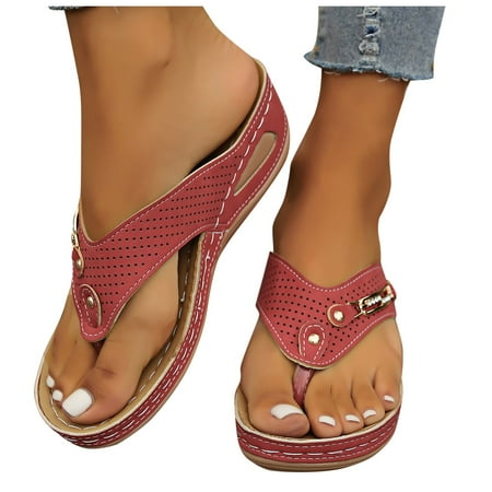 Oyedens Flip Flop Wedge Sandals For Women Leather Casual Beach Arch Support Mid Heels Slip On Thong Orthopedic Sandals