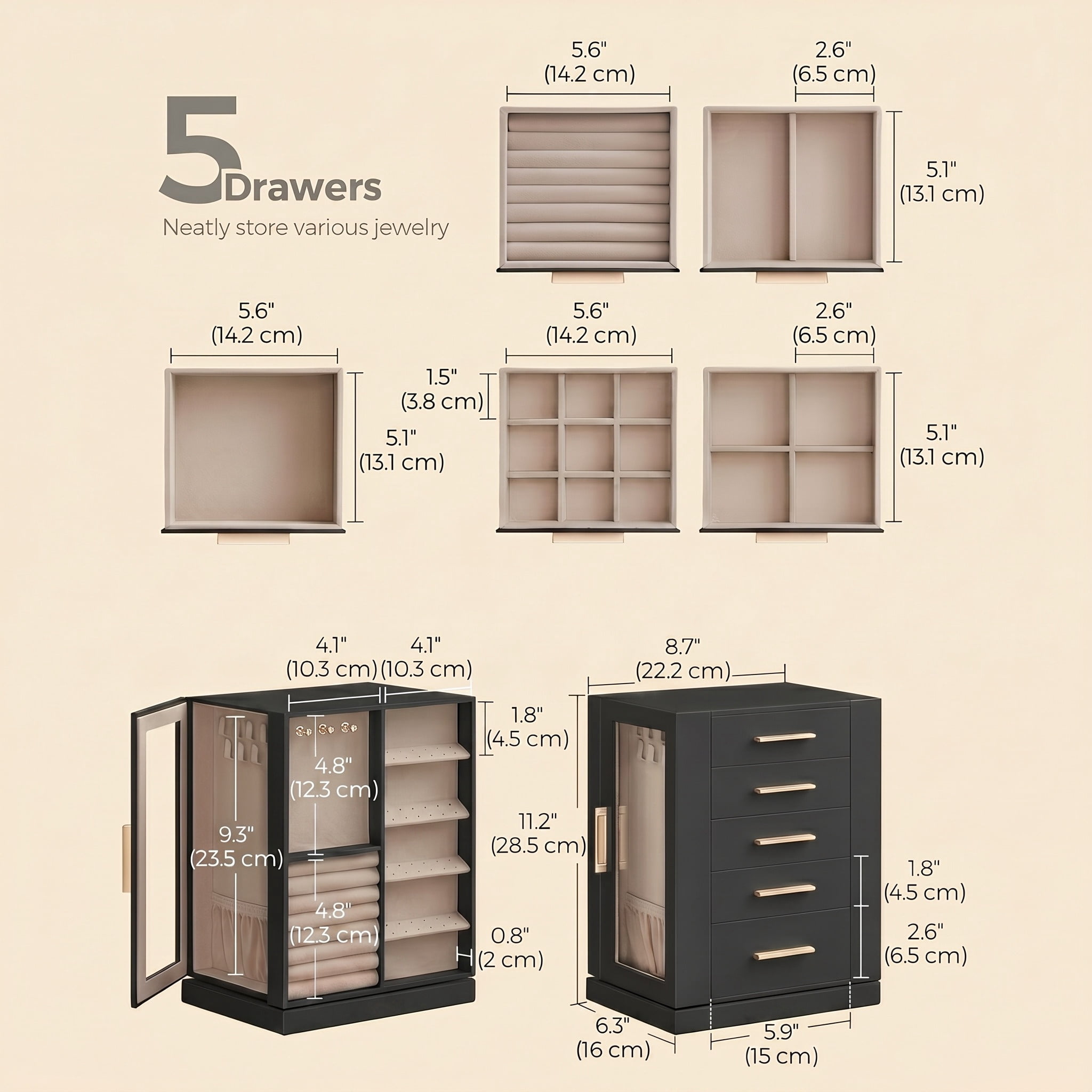 Nordic Hygge 360° Rotating 5-Drawer Jewelry Box with Glass Window, Graphite Black