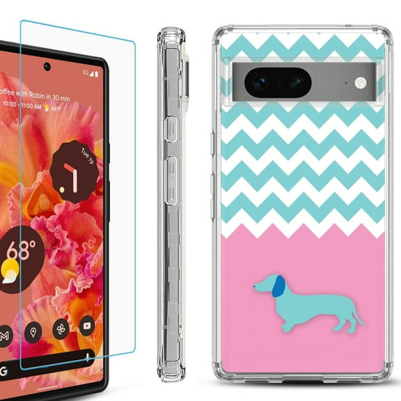 OneToughShield ® for Google Pixel 7a Shockproof Bumper Phone Case, with Tempered Glass Screen Protector - Chevron/Dachshund/Puppy