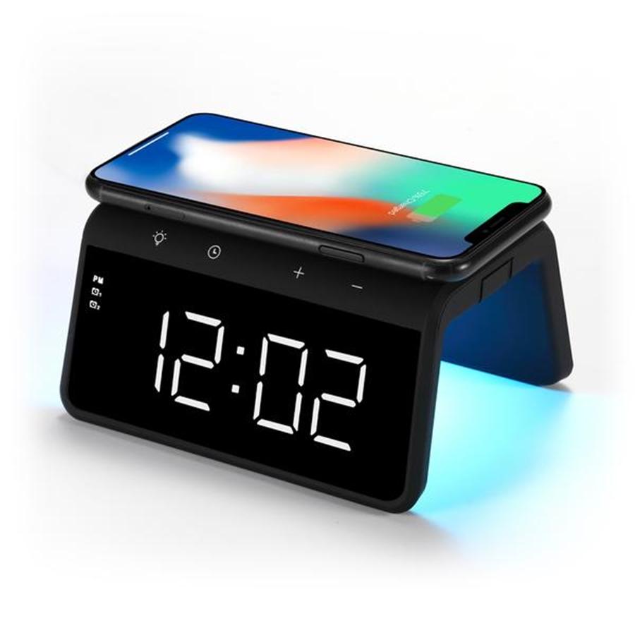 RCA Digital Alarm Clock with Wireless Charging Station and Multicolor