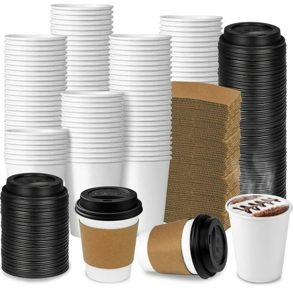 Vasos de café desechables de ginkgo de 8 onzas, paquete de 100 con tapas y fundas
