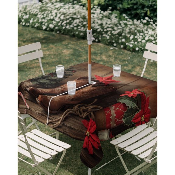 Outdoor Tablecloth with Umbrella Hole, Christmas Tree Star Western Cowboy Boots Zippered Table Cloth for Rectangle Tables, Farm Retro Wood Board Waterproof Tablecloths for Picnic Patio Garden