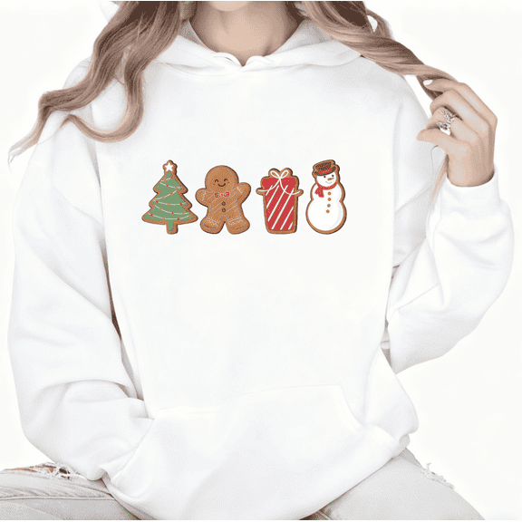 Gingerbread Man Graphic Sweatshirt Cookie Print Hoodie White Women S-2XL Tops
