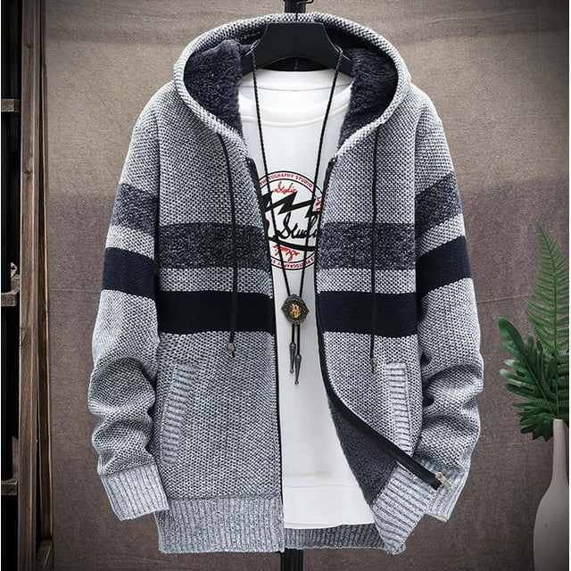 Mikilon Cardigan à Capuche en Tricot à Manches Longues Patchwork Décontracté pour Hommes avec Fermeture Éclair