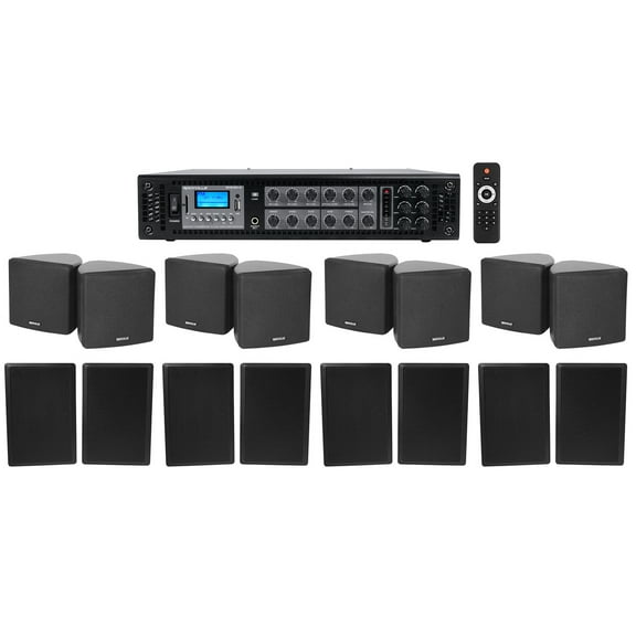 Rockville 6-Zone Amp (8) 3.5" Black Cube (8) Wall Restaurant/Bar/Cafe Speakers