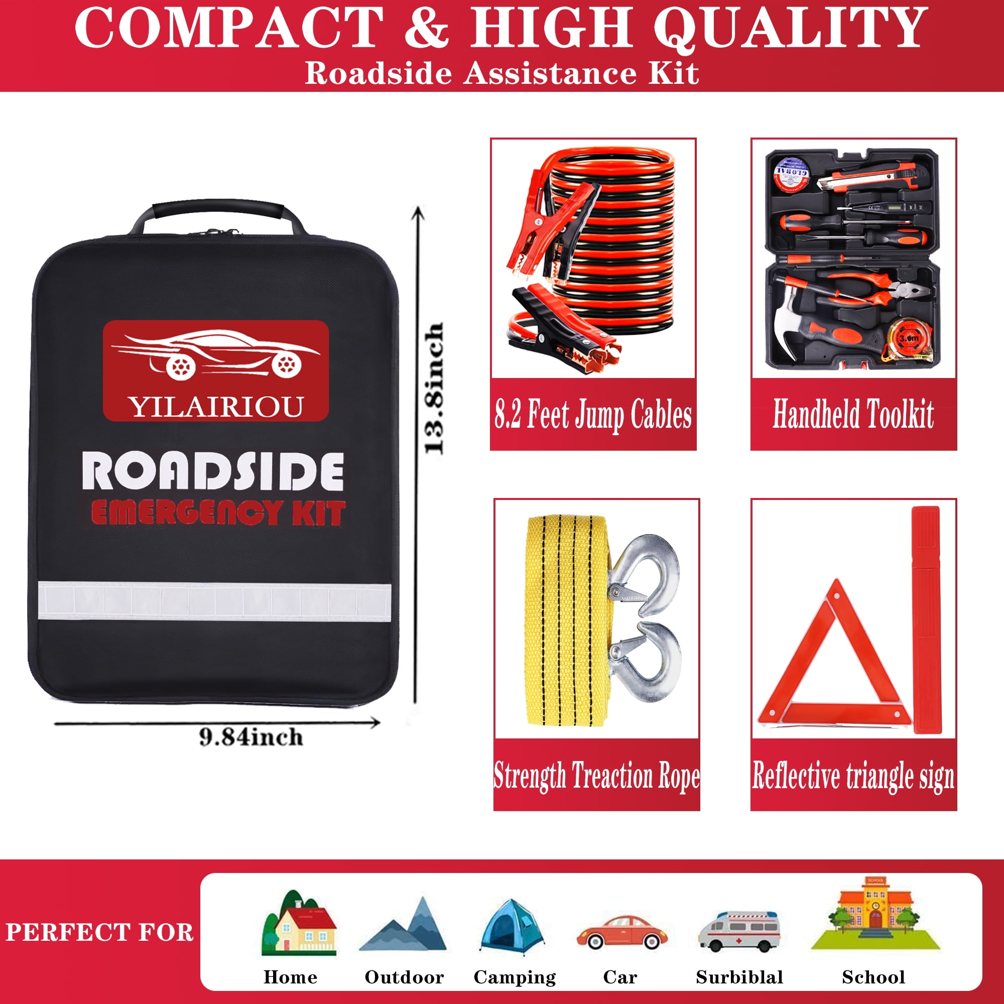 YILAIRIOU Car Emergency Kit- Roadside Assistance Emergency Kit, Car Emergency Kit with Jumper Cables, Safety Kits for Cars,Folding Shovel, Tow Rope,Car Tool Kitcar