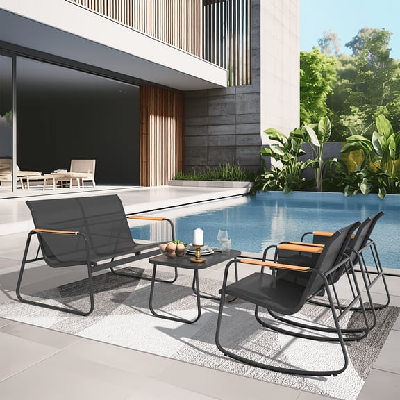 Junkai 4-Piece Outdoor Patio Conversation Set with Breathable Textilene Loveseat and Rocking Chairs, Wide Armrests and Side Storage Pockets, Black