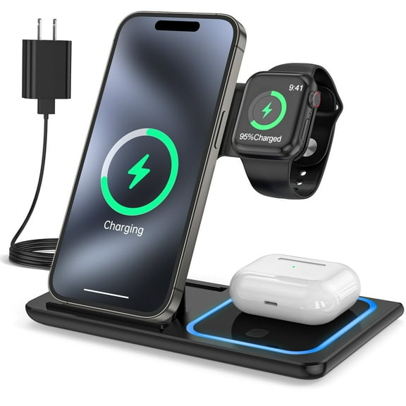 Cshidworld Wireless Charger, 3 in 1 Wireless Charging Station, 18W Fast Charging Stand for iPhone 16/15/14/13/12/11Pro/Pro Max, XR XS 8 Plus, for Apple Watch 9 8 7 6 SE 5 4, AirPods 3 2 With Adapter