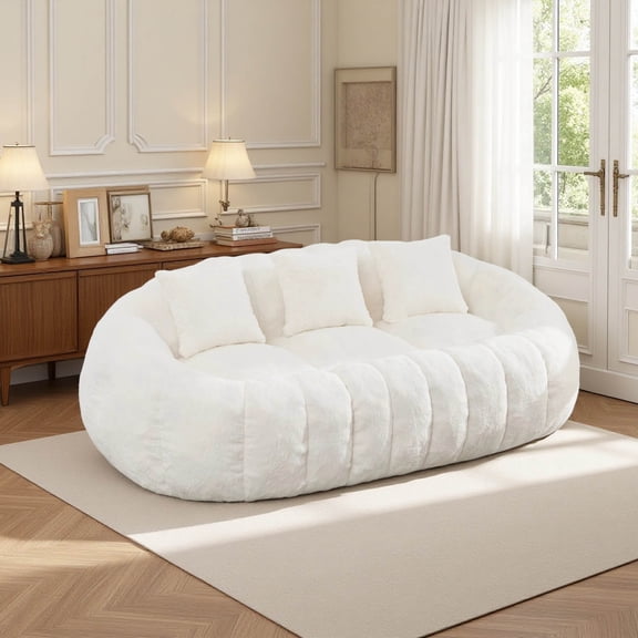 74.8" Floral Shaped Faux Fur Deep Seat Boneless Sofa Couch with 3 Throw Pillows, No Assembly Required