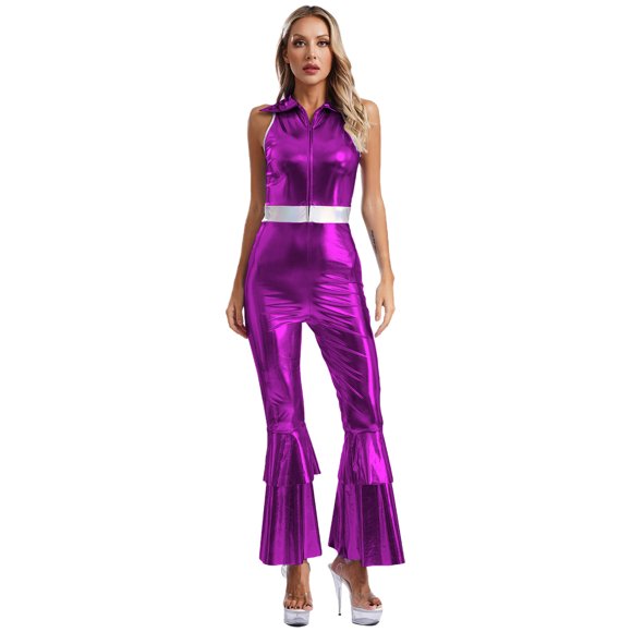 YUUMIN Womens Shiny Metallic 70s 80s Disco Jumpsuit Sleeveless Bodysuit Ballroom Ice Skating Dance Costume Purple XL