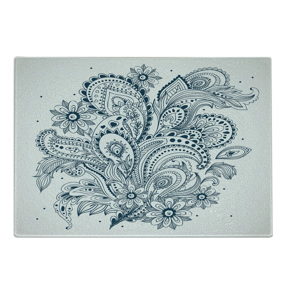 Folk Cutting Board, Doodle Style Floral Arrangement with Ornament Design Abstract Leaves Image Print, Decorative Tempered Glass Cutting and Serving Board, Small Size, Dark Blue White, by Ambesonne