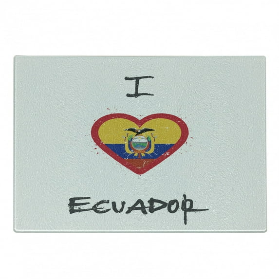 Ecuador Cutting Board, I Love Ecuador Lettering and Heart in Shape of National Flag, Decorative Tempered Glass Cutting and Serving Board, in 3 Sizes, by Ambesonne