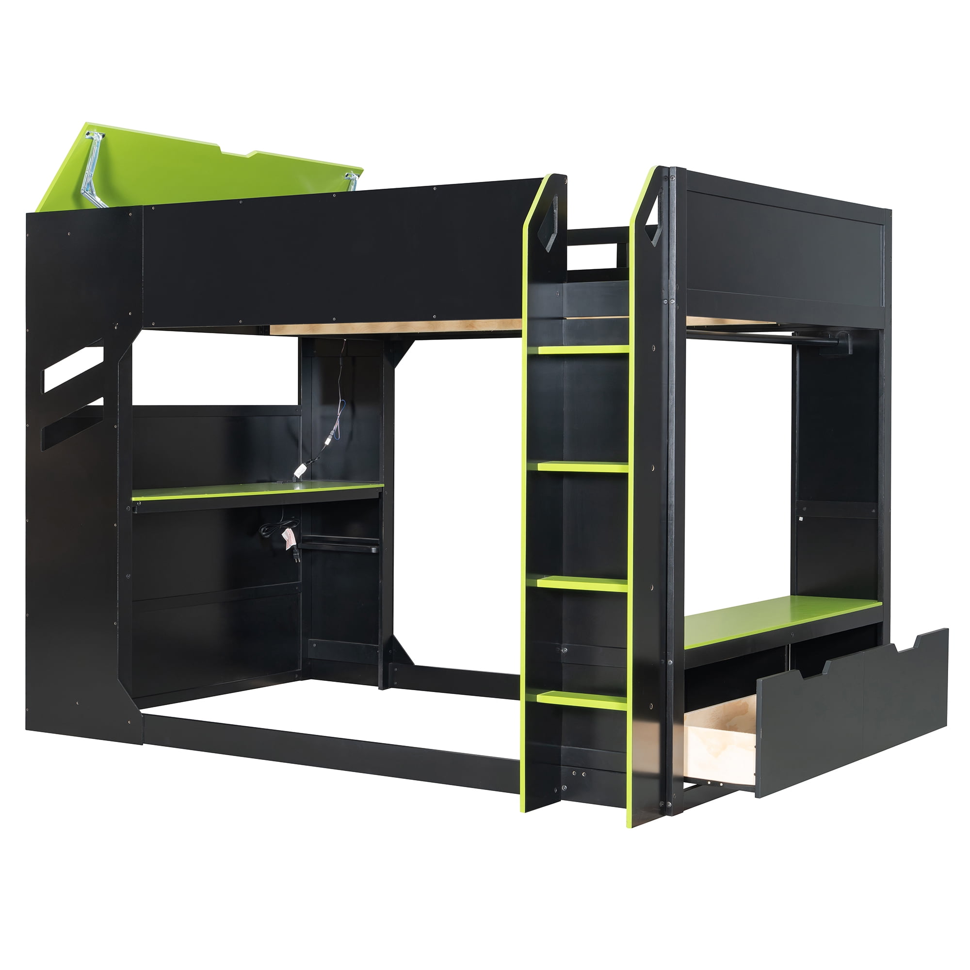 Mintazer Full Gaming Loft Bed with Height Adjustable Desk, Drawers, Storage Compartments, Hanging Rod and RGB Lights for Boys Girls, Black & Green