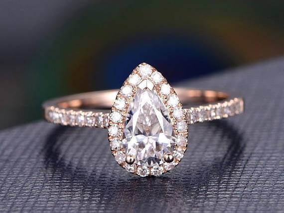 Details about   0.75 Ct Pear Cut White Moissanite Unique Halo Engagement Ring 14K Rose Gold Over