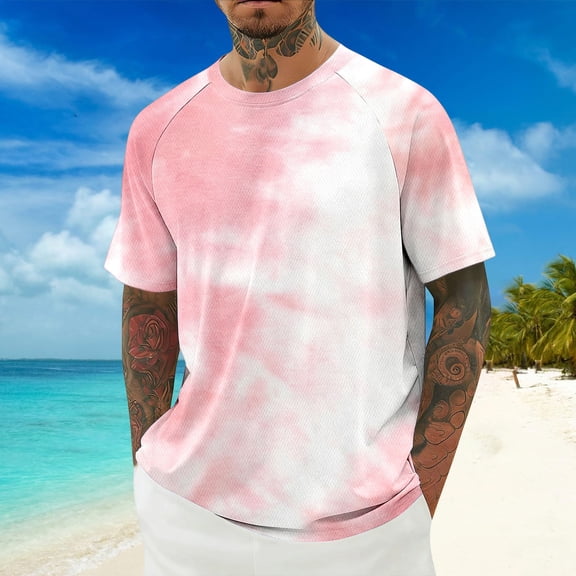 Tie Dye Print Short Sleeve T Shirt Birdseye Breathable Comfort Casual Tee For Daily Wear Men Fashion Top, S, Light Pink