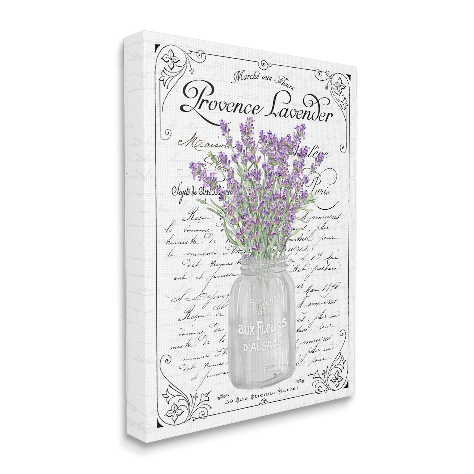 Stupell Industries Lavender Sprigs Bouquet Ornate French Script Motif Graphic Art Gallery Wrapped Canvas Print Wall Art, Design by Lettered and Lined