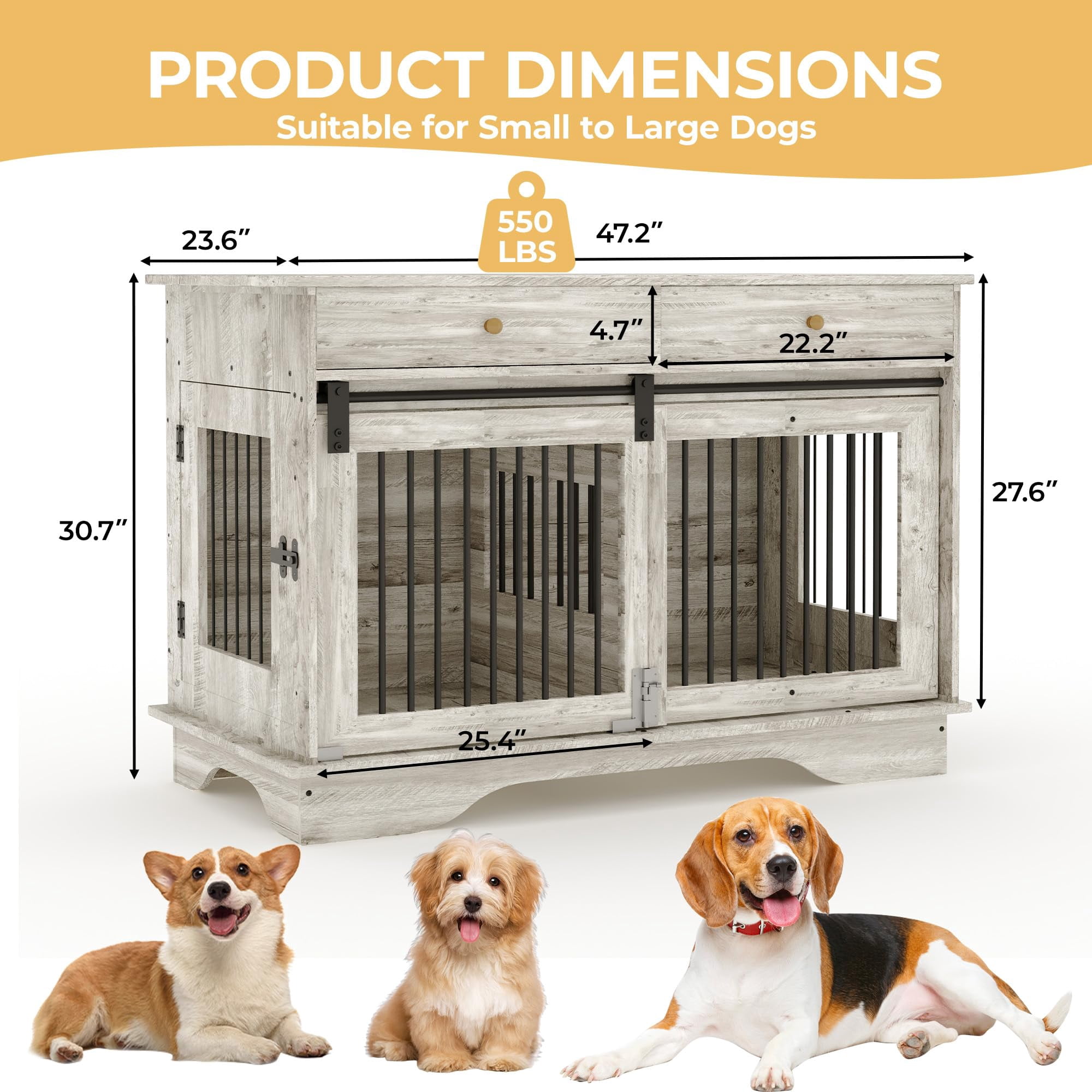 Danolapsi 47" Dog Furniture Crate,Dog Kennel Large Furniture Style Dog Crate w/ 2 Storage Draws & Removable Divider & Triple Door Design,Indoor Pet Crate Table for Large/Medium/Small Dogs