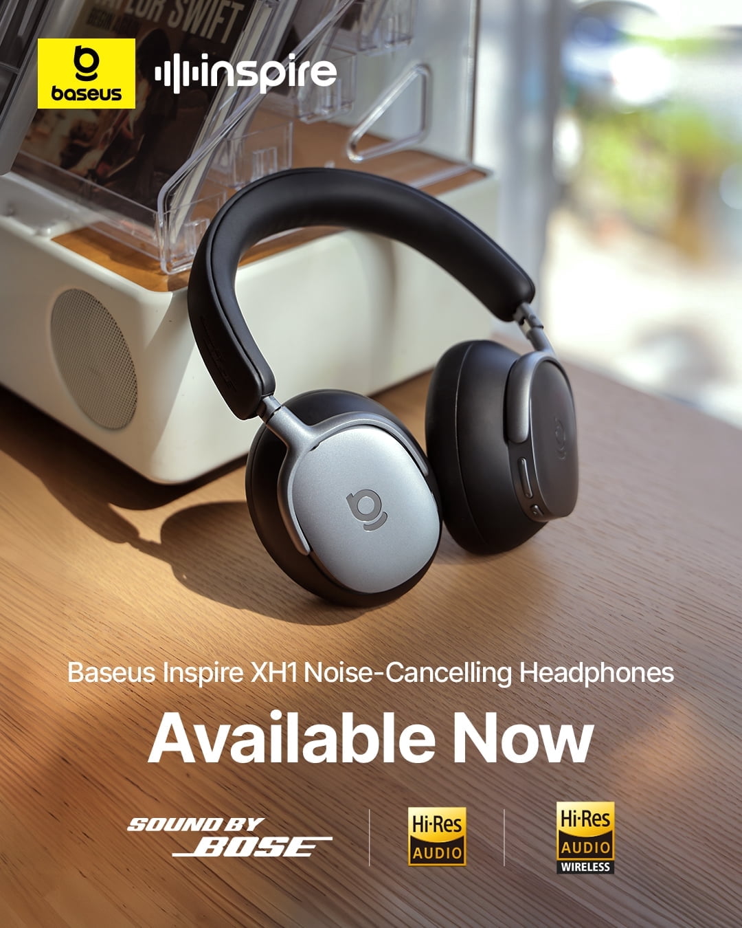 Baseus Inspire XH1 Adaptive Noise Cancelling Headphones, Hi-Res Audio, 100H Playtime, Over-Ear Wireless Bluetooth Headset for Commute, Travel & Calls, Black