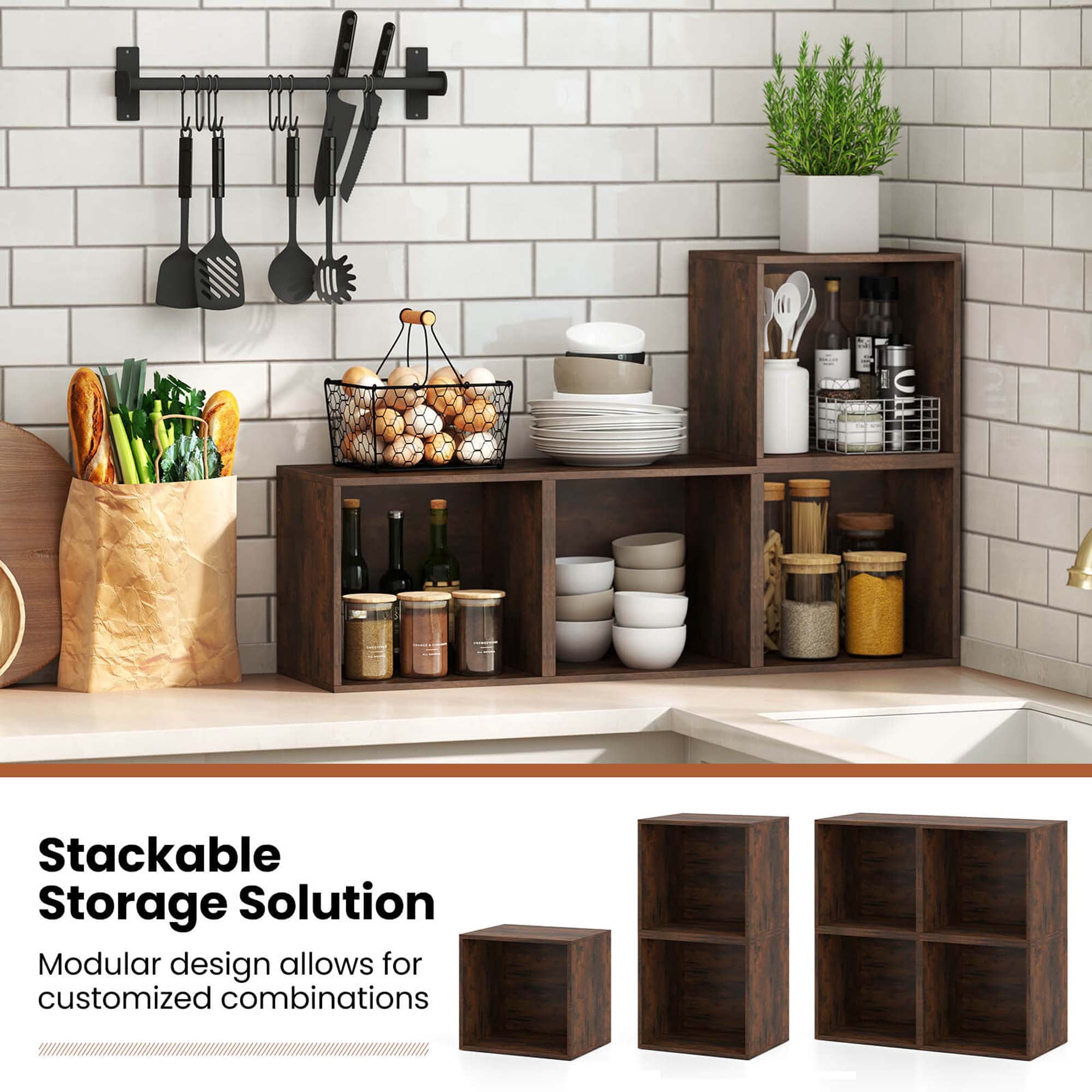 Costway 4 PCS Wooden Cube Storage Organizer Stackable Open Book Shelf for Small Space Brown