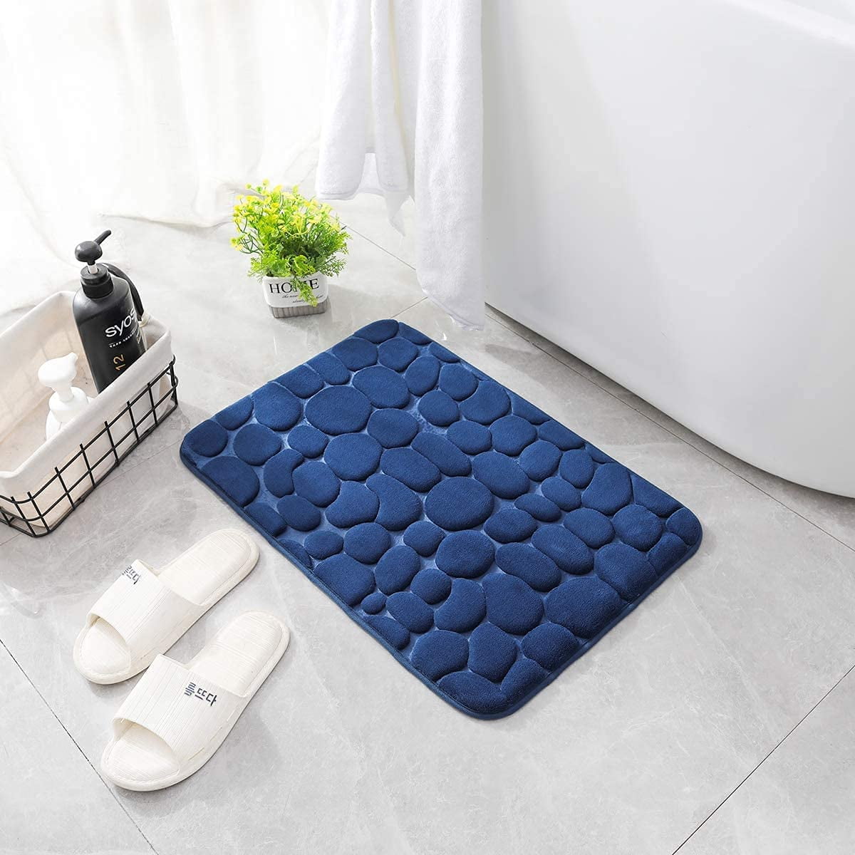 Stcomart Anti Slips Bath Mat, Soft Absorbent Bathroom Rug, 16"x24", Navy Blue