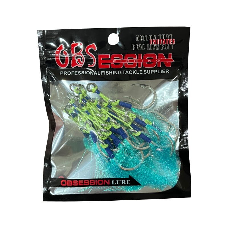 10 Pairs Cast Jigs Assist Hook Barbed Double Jig Hooks UV Glow Feather Fishhook