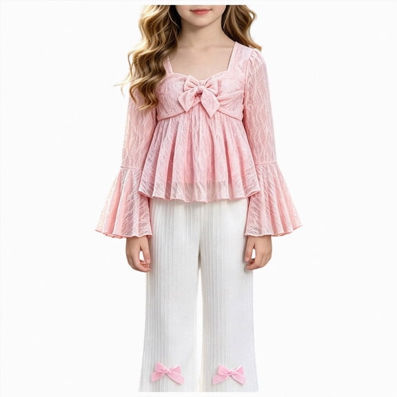 yboeqw Girls 2 Piece Outfit Set Square Neck Bow Lace Long Sleeve Top & Wide Leg Pants Cute Casual Matching Clothes for 7-12 Year Old Girls,Size 7-8 Years