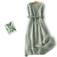 thumbnail image 2 of Womens Cotton Linen Dress Tunic Bow Tie Front 3/4 Sleeve Maxi Dress Casual Solid Color Pleated Crewneck Sundress, 2 of 6