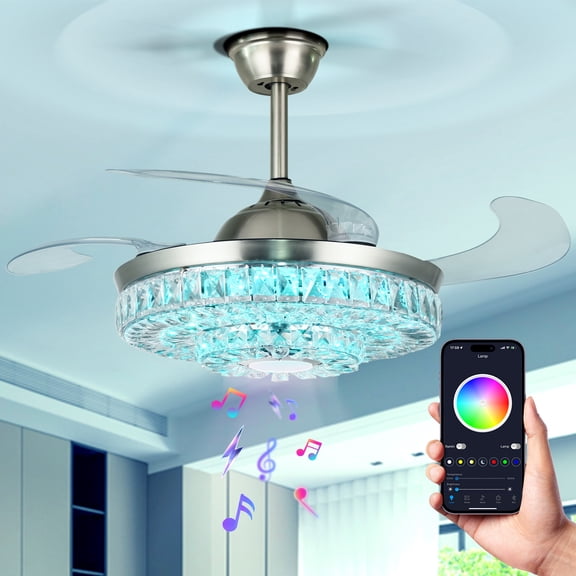 KPIBEST 42" Modern Ceiling Fan with Bluetooth Speaker,Smart Crystal 7 Color 3 Speed Ceiling Fans with Lights and Remote,4 Retractable Blades Chrome Finish Silent DC Motor for Bedroom 2023 Upgrade