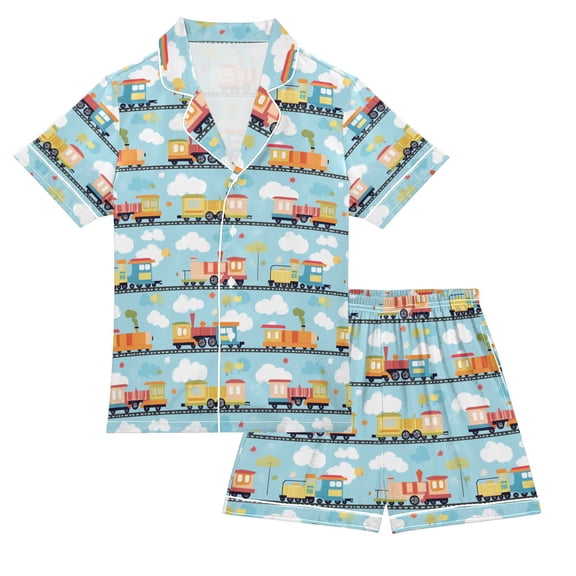 FORMRS Kids Satin Short Sleeve Pajama Set Unisex Top and Pants Soft 2-Piece Sleepwear, Sizes 5-6Y, Cartoon Train Pattern